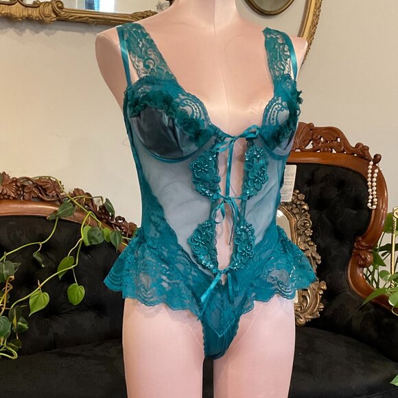 Vintage lingerie ruffle Designs By Faris Lace Satin beaded Teddy Size L teal - Picture 1 of 4